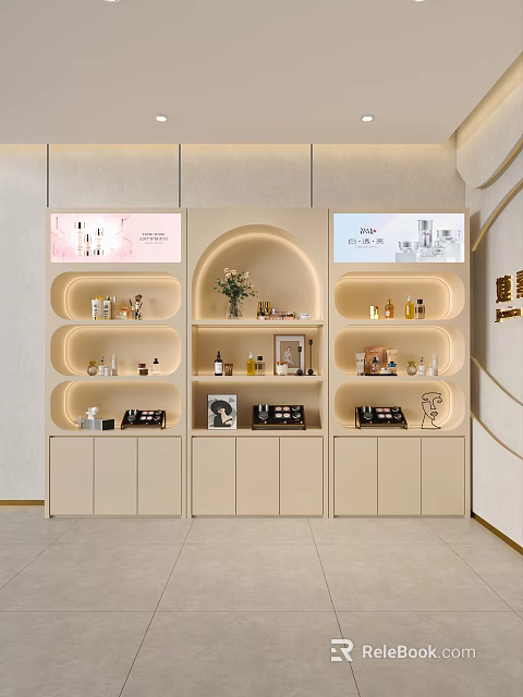 Elegant Cosmetics Store Interior With Curved Display Shelves Skincare And Fragrance Products 3d model 
