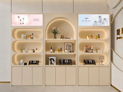 Elegant Cosmetics Store Interior With Curved Display Shelves Skincare And Fragrance Products 3d model