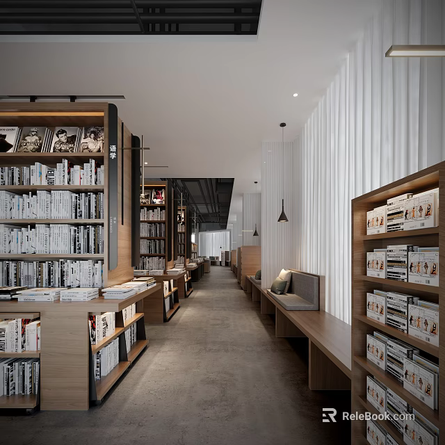 Book Art Themed Bookstore Interior With Wooden Bookshelves Displayed Books And Cozy Bench 3d model 