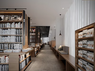Book Art Themed Bookstore Interior With Wooden Bookshelves Displayed Books And Cozy Bench 3d model