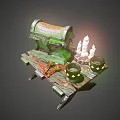 Ancient Green Treasure Chest With Lit White Candles And Green Cups On Wooden Platform