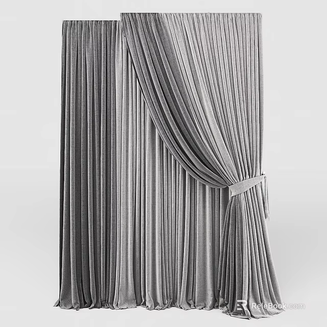 Gray Pleated Velvet Curtains With Elegant Tieback For Modern Interior Decor 3d model 