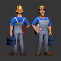 Cartoon Worker Characters in Yellow Hard Hats Blue Shirts and Gray Overalls Holding Blue Toolboxes