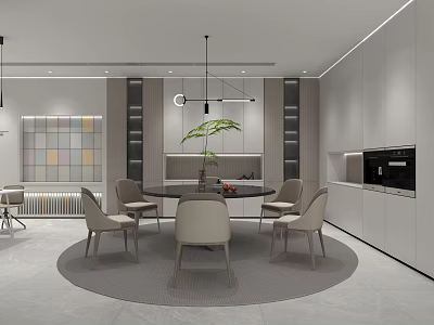 Modern Restaurant Interior With Round Dining Table Light Gray Chairs Chandelier And Geometric Wall 3d model