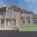 European Style Detached Villa with Stone Exterior Arched Windows Grand Steps Columns and Balcony