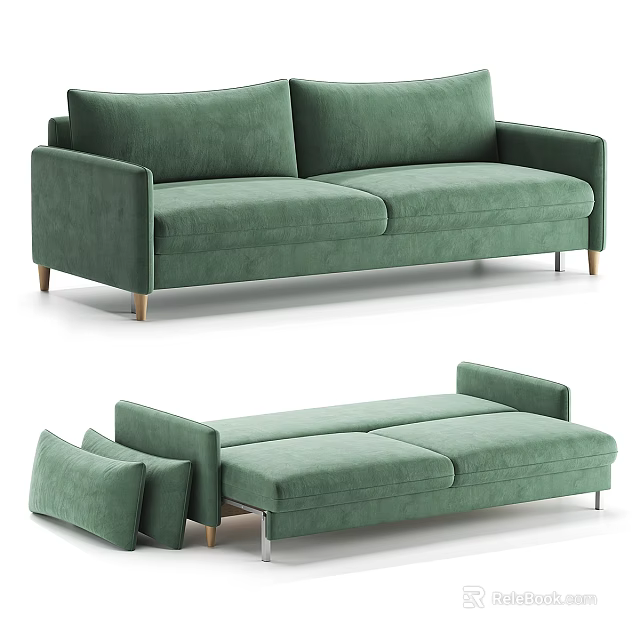 Green Velvet Sofa With Chaise Lounge And Wooden Legs Accent Pillows 3d model 