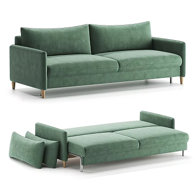Green Velvet Sofa With Chaise Lounge And Wooden Legs Accent Pillows 3d model
