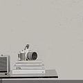 Stylish Ornament Decor Set With Vintage Camera Stacked Books And Retro Speaker On Minimalist Shelf