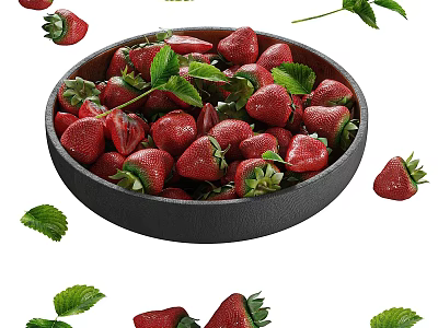 Fresh Ripe Strawberries in Black Bowl with Green Leaves and Scattered Berries on White Background 3d model