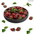 Fresh Ripe Strawberries in Black Bowl with Green Leaves and Scattered Berries on White Background