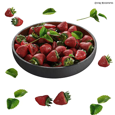 Fresh Ripe Strawberries in Black Bowl with Green Leaves and Scattered Berries on White Background 3d model