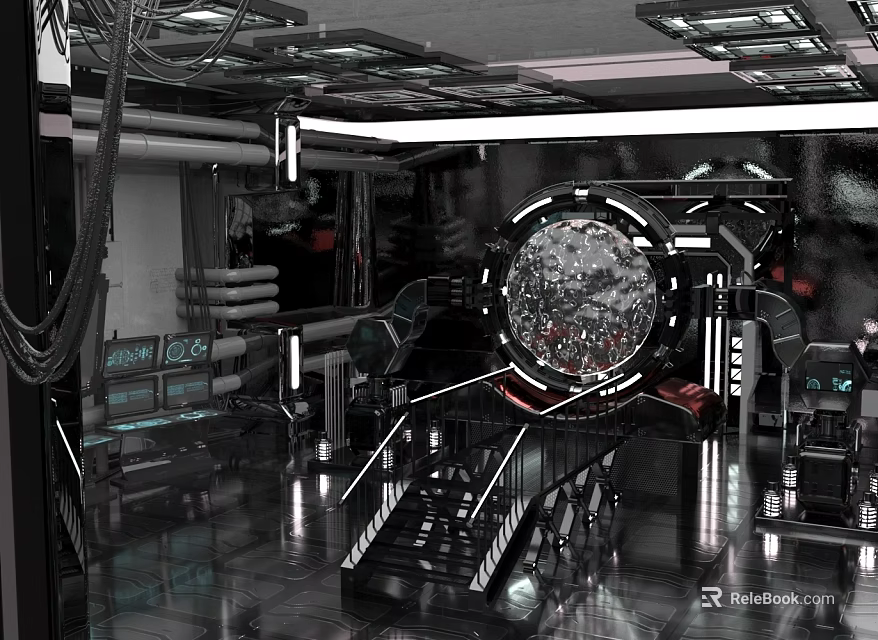 Futuristic Control Room Interior With Large Circular Display Control Panels Metal Frames And Reflective Floor 3d model 