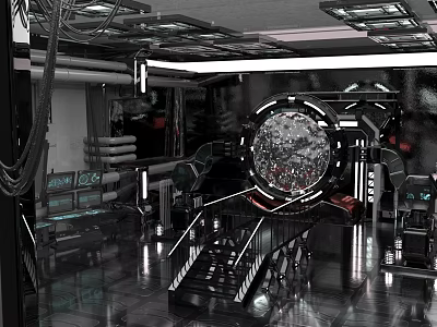 Futuristic Control Room Interior With Large Circular Display Control Panels Metal Frames And Reflective Floor 3d model