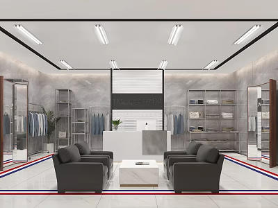 Modern Clothing Store Interior With Clothing Displays Mirrors Sofa Seating White Reception Desk And Shelves 3d model
