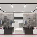 Modern Clothing Store Interior With Clothing Displays Mirrors Sofa Seating White Reception Desk And Shelves