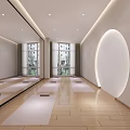 Modern Elevator Hallway With Soft Lighting Wooden Flooring Decorative Art And Rest Benches