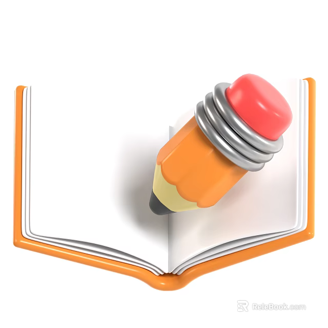 Orange Pencil With Red Top And Silver Rings On Open Orange Book Design 3d model 