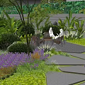 Courtyard Garden Design With Outdoor Seating Stone Pathway Purple Flowers And Green Shrubs