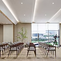 Public Office Area Conference Room Setup With Minimalist Tables Chairs Projection Screen And Green Plants
