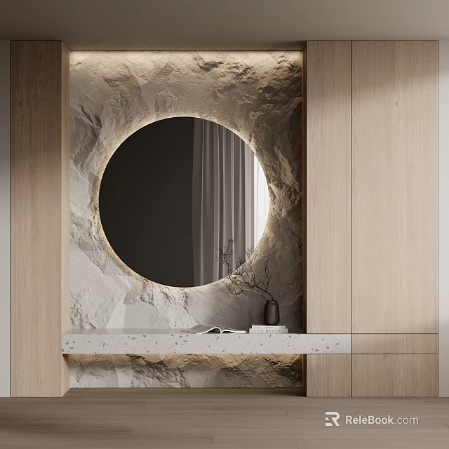 Modern Entryway Console Cabinet With Round Mirror Stone Wall And Built In Lighting 3d model