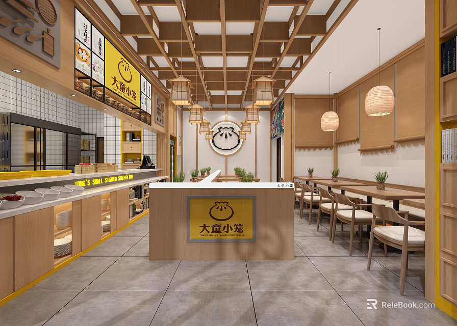 Traditional Chinese Restaurant Interior With Wooden Ceiling Hanging Lanterns Counter And Tables 3d model 