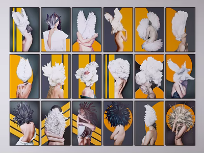 Creative Figurative Art Series Featuring Decorative Headpieces on Yellow Gray Background 3d model