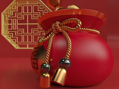 Traditional Red Fortune Bag With Golden Rope Bells And Chinese Ornamental Pattern 3d model