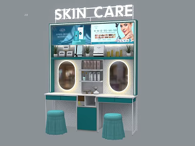 Modern Teal Decorative Cabinet With Mirrored Doors Skincare Display Shelves And Stools 3d model