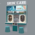 Modern Teal Decorative Cabinet With Mirrored Doors Skincare Display Shelves And Stools