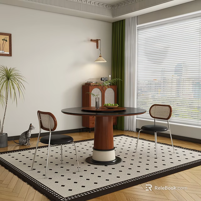 Warm Restaurant Interior Featuring Round Table Two Chairs Patterned Rug Potted Plant And Window Blinds 3d model