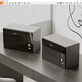 BOSCH Black Kitchen Appliances Microwave And Oven On Wooden Countertop With White Blinds