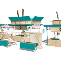 Colorful Market Stalls With Wooden Structure And Turquoise Green Display Racks Fans And Product Labels