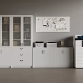 Office Storage Space With White Cabinets Glass Doors File Folders Bulletin Board And Printer