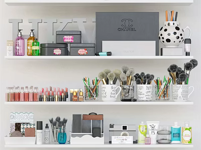 Organized Perfume And Cosmetics Display On Shelves With Makeup Brushes Lipsticks And Bottles 3d model