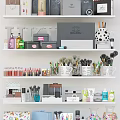 Organized Perfume And Cosmetics Display On Shelves With Makeup Brushes Lipsticks And Bottles