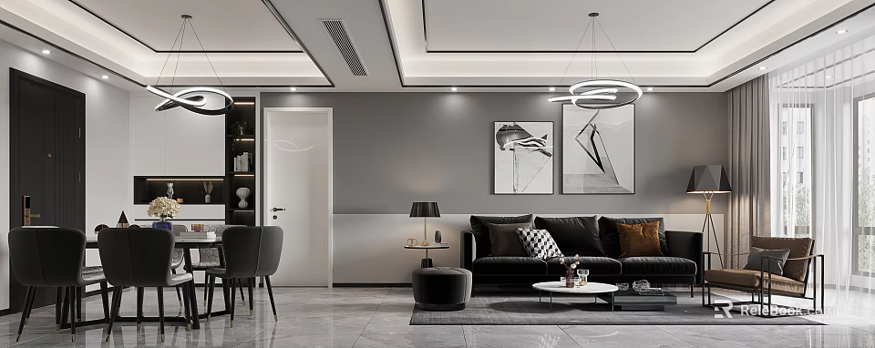 Modern Living Dining Room Interior With Sofa Dining Table Pendant Lights And Wall Art 3d model