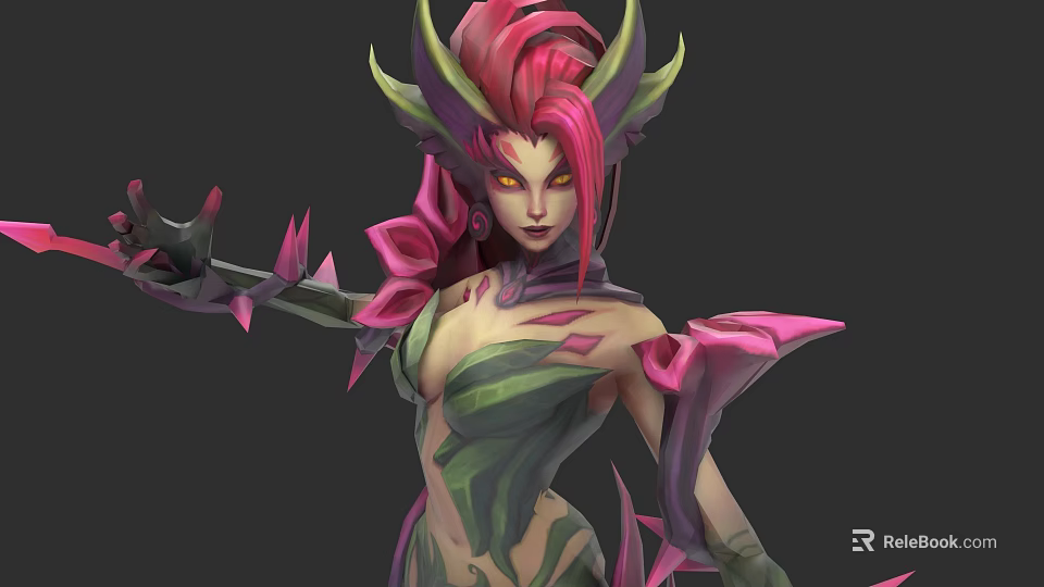 Mystical Fantasy Character With Pink Hair Green Plant Decorations Spiked Arms And Glowing Eyes 3d model 