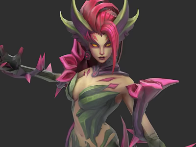 Mystical Fantasy Character With Pink Hair Green Plant Decorations Spiked Arms And Glowing Eyes 3d model