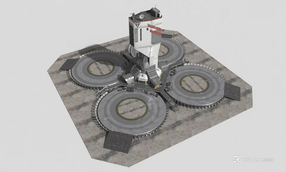 Cartoon Scene With Tall Tower And Circular Platforms Metal Structures 3d model