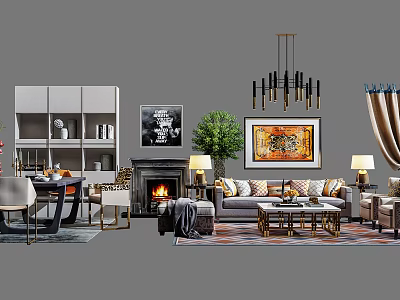 Modern Living Room Sofa And Coffee Table Set With Fireplace Artwork Chandelier And Green Plant 3d model