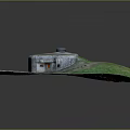 Outdoor Circular Bunker Structure In Square Green Grassy Area With Dirt Path And Stone Steps