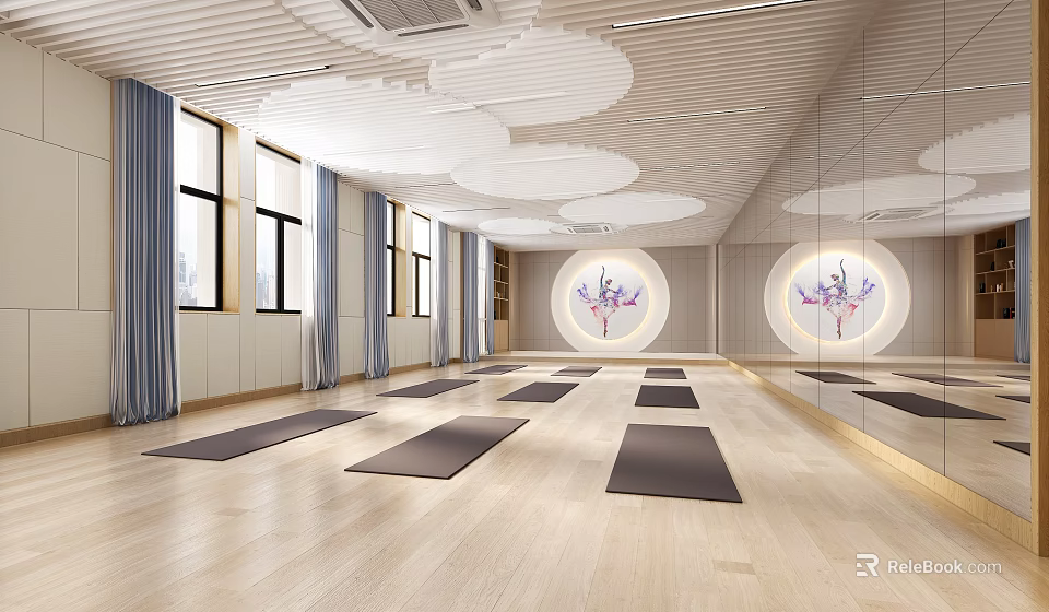 Spacious Yoga Fitness Studio With Wooden Floor Blue Curtains Circular Ceiling Decor Mirrors And Yoga Mats 3d model 