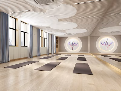 Spacious Yoga Fitness Studio With Wooden Floor Blue Curtains Circular Ceiling Decor Mirrors And Yoga Mats 3d model
