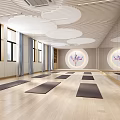 Spacious Yoga Fitness Studio With Wooden Floor Blue Curtains Circular Ceiling Decor Mirrors And Yoga Mats