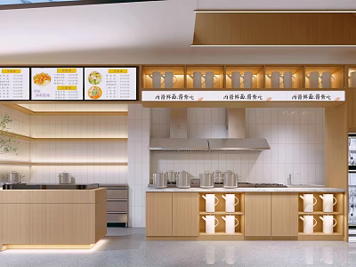 Modern Restaurant Kitchen With Menu Display Wooden Cabinets And Stainless Steel Hoods 3d model