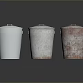Three Metal Trash Cans With Lids In Different Conditions On Reflective Surface 3d model