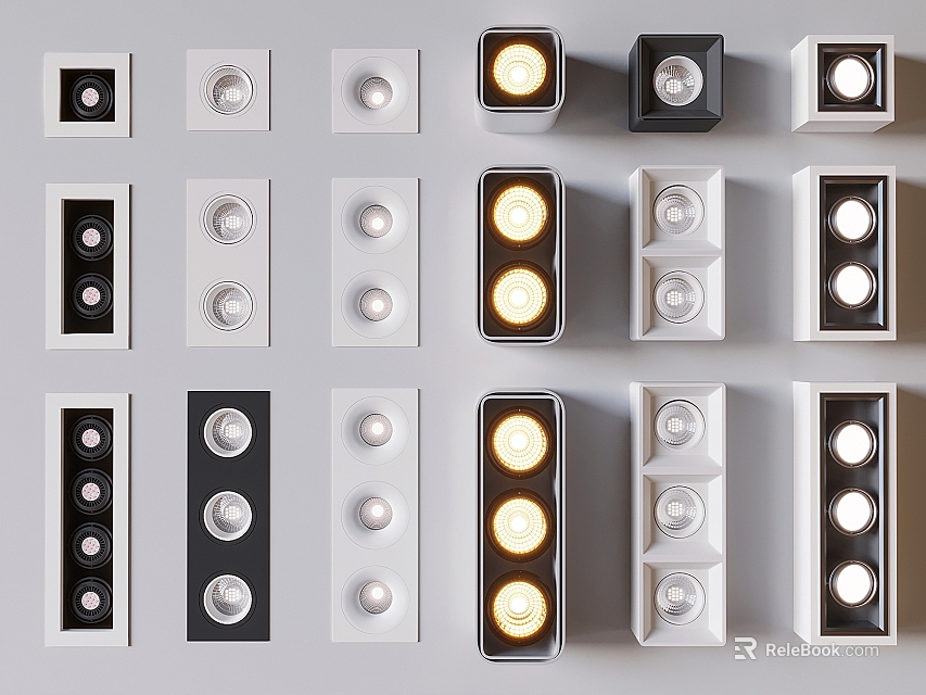 Diverse Recessed Grille Lights With Single Double Triple Light Heads In Black White 3d model 
