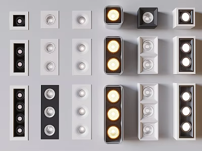 Diverse Recessed Grille Lights With Single Double Triple Light Heads In Black White 3d model