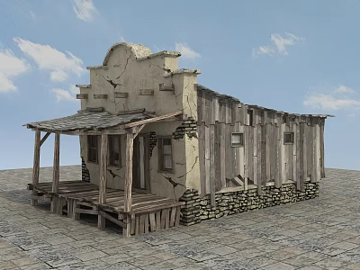 Weathered Old Western Building With Wooden Porch And Stone Walls 3d model