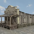 Weathered Old Western Building With Wooden Porch And Stone Walls